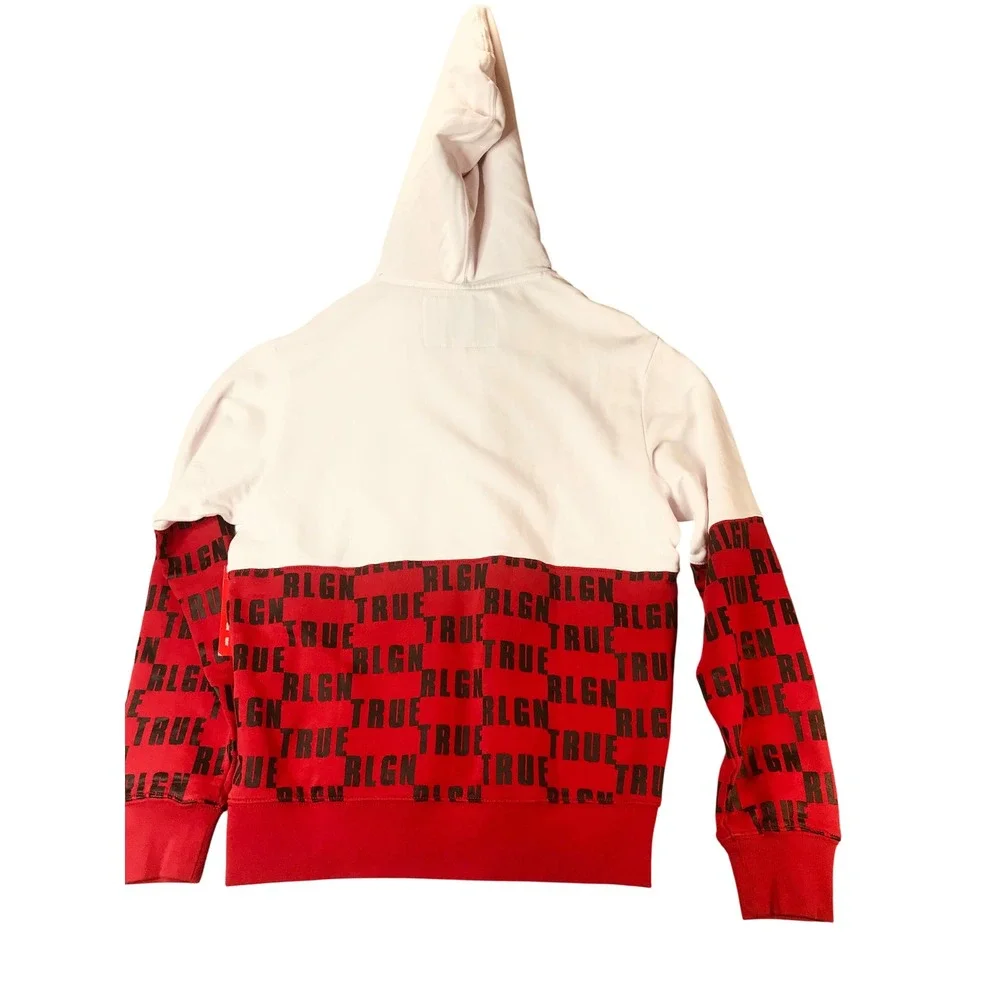 True Religion Monogram Hoodie Mens L White Ruby Red Colorblock Pullover 103146